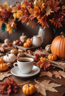 Cozy autumn scene with coffee and seasonal decorations