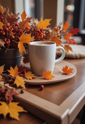 Warm coffee and autumn leaves create a cozy atmosphere