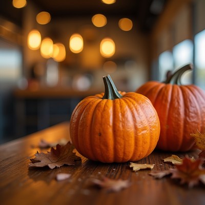 Pumpkins on wooden table with warm cafe background