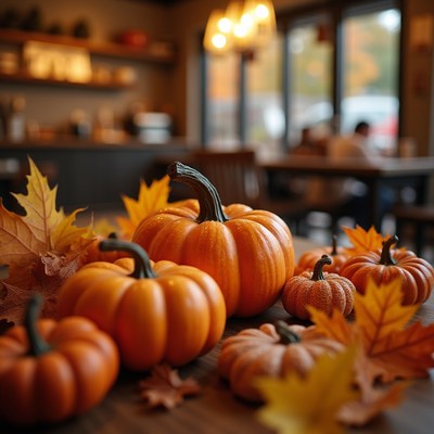 Bright pumpkins and autumn leaves create cozy atmosphere