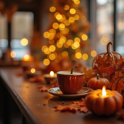Cozy autumn scene with pumpkins and warm beverages
