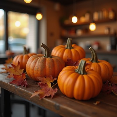 Pumpkins and autumn leaves on a rustic wooden table