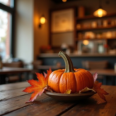 Autumn pumpkin centerpiece on a rustic table