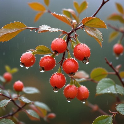 Bright red berries glisten after rain in a forest setting