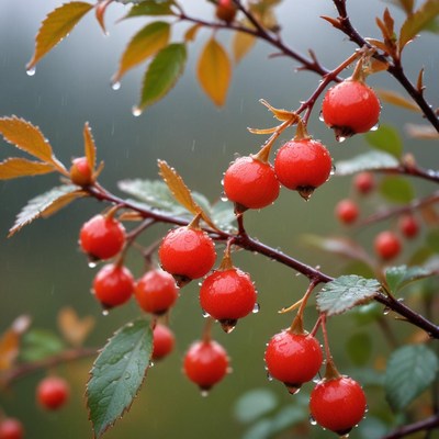 Bright red berries glisten after rain in a forest