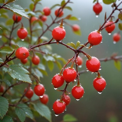 Cherry tree branches with bright fruit and rain droplets