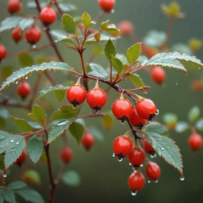 Bright red berries hang on green branches after rain