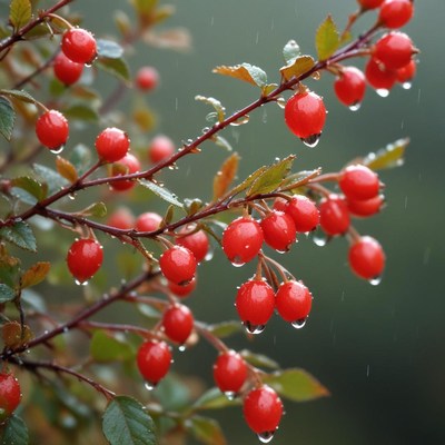 Bright red berries glisten on a rainy day in nature