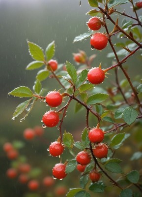 Bright red berries glistening after rainfall in nature