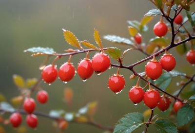 Bright red berries glistening after rain in the forest