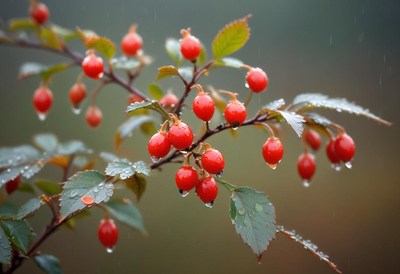 Bright red berries on a wet branch in rainy weather