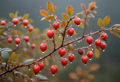 Vibrant red berries on a wet branch in rainy weather