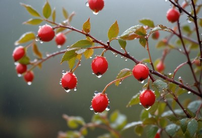 Berry-laden branch glistens after rain