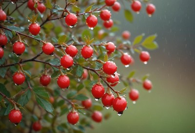 Bright red berries glisten after gentle rain in a garden