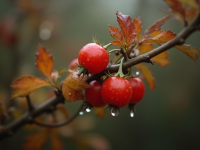 Ripened red berries on a branch in autumn mist