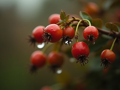 Fresh red berries on a branch after rain