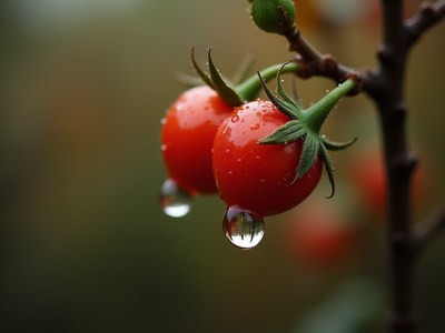Juicy red tomatoes with water droplets on vine