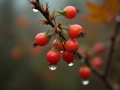 Red berries glisten with raindrops on a branch in autumn