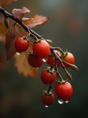 Fresh red berries hanging on a branch with raindrops