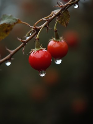 Red berries on a branch with water droplets shining