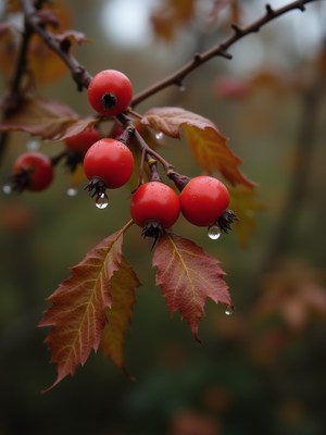 Fresh berries and leaves on a rainy autumn day