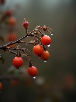 Bright red berries glistening in the rain at twilight