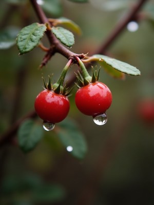 Ripe red berries with water droplets on a rainy day