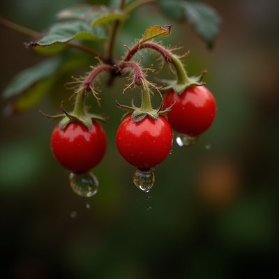 Fresh red fruits with droplets on green leaves