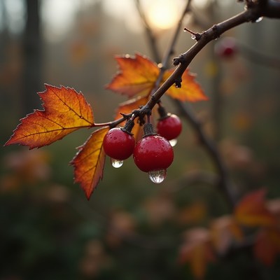 Bright red berries and autumn leaves in a forest