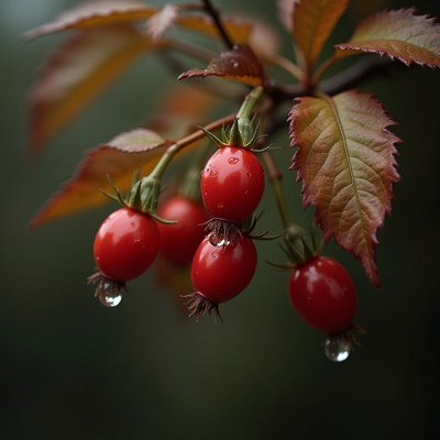 Fresh red berries with water droplets on branch