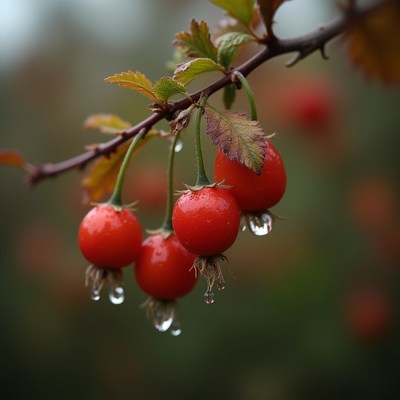 Red berries hang from branch with dew in the morning light