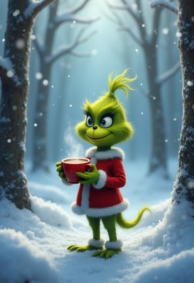 Grinch holding hot drink in snowy forest setting