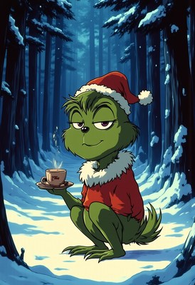 Grinch enjoys warm drink in snowy forest during winter