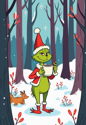 Holiday spirit in the forest with a green character