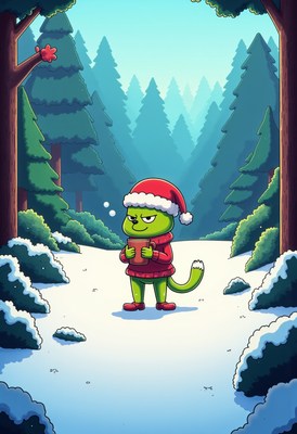 Green character in santa hat enjoys snowy forest scene
