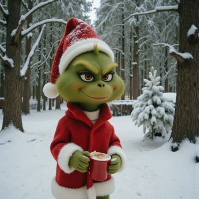Grinch enjoying hot cocoa in a snowy forest