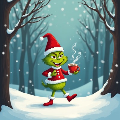 Grinch enjoys hot cocoa in snowy forest during winter