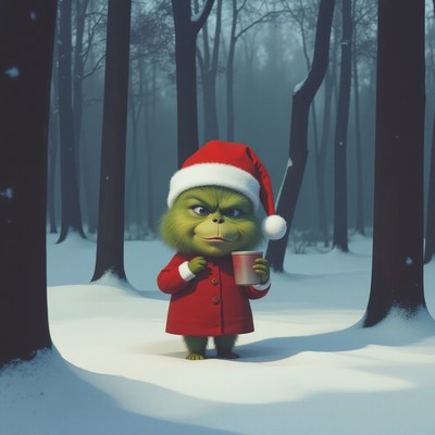 Grinch in winter forest wearing santa hat and coat