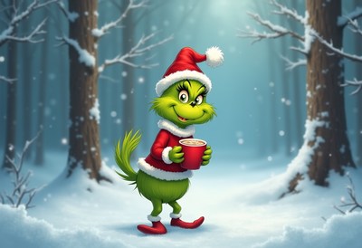 Grinch enjoying hot cocoa in snowy forest during winter