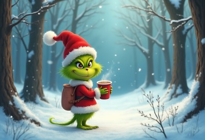Grinch in a snowy forest holding a warm drink