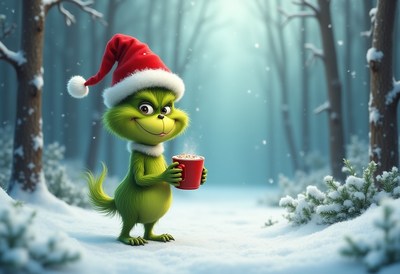 Cheerful creature in a winter forest with a holiday drink