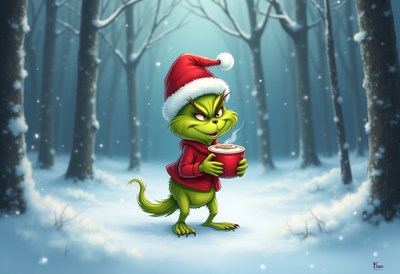 Grinch enjoying hot cocoa in a snowy forest