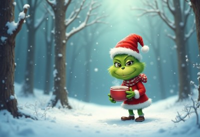Grinch in a snowy forest holding a festive mug