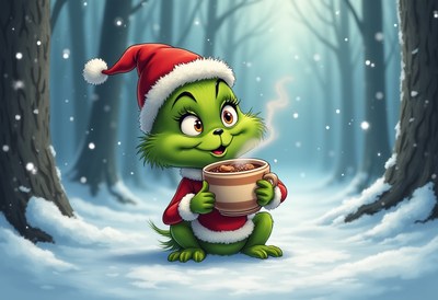Cute green creature enjoys hot cocoa in snowy forest
