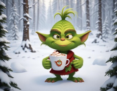 Green creature enjoys hot cocoa in a snowy forest