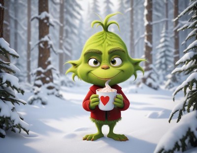 Grinch enjoys hot cocoa in snowy forest setting