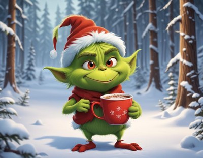 Cheerful green creature enjoys hot cocoa in snowy forest