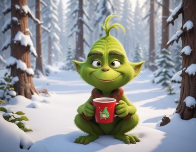 Grinch enjoys hot cocoa in snowy forest setting