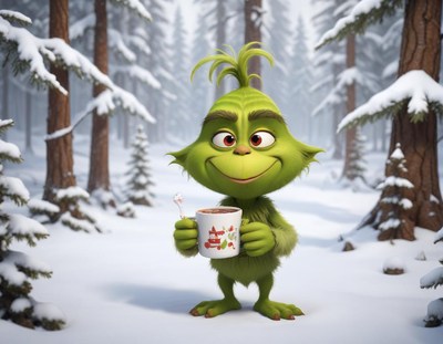 Grinch enjoys hot cocoa in snowy forest setting