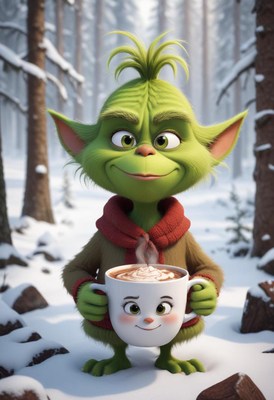Friendly green creature enjoys hot cocoa in snowy forest
